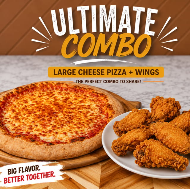 Large Cheese Pizza + 6 Wings.
